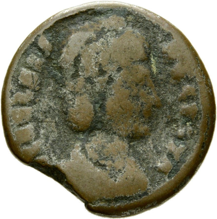 Constantine I obverse — Bust of Helena, wearing necklace and mantle, right