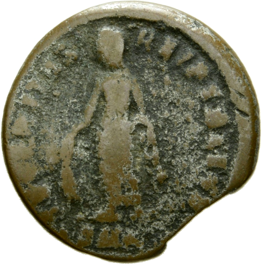 Constantine I reverse — Securitas, draped, standing left, raising robe with right hand and lowering branch with left hand