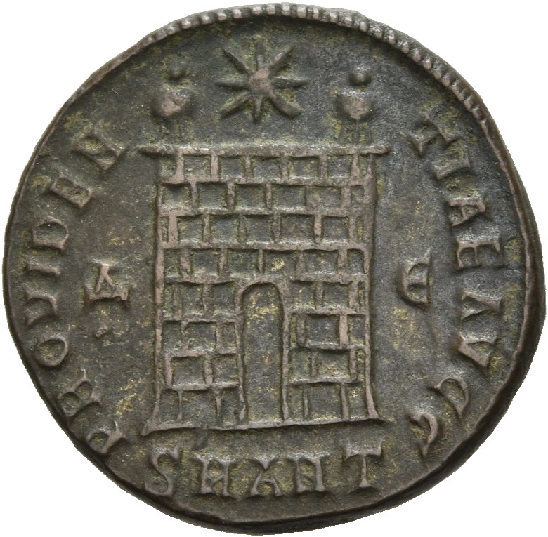 RIC VII Antioch 84 Constantine I reverse, Camp gate with two turrets, without doors, with varying number of stone layers; ...