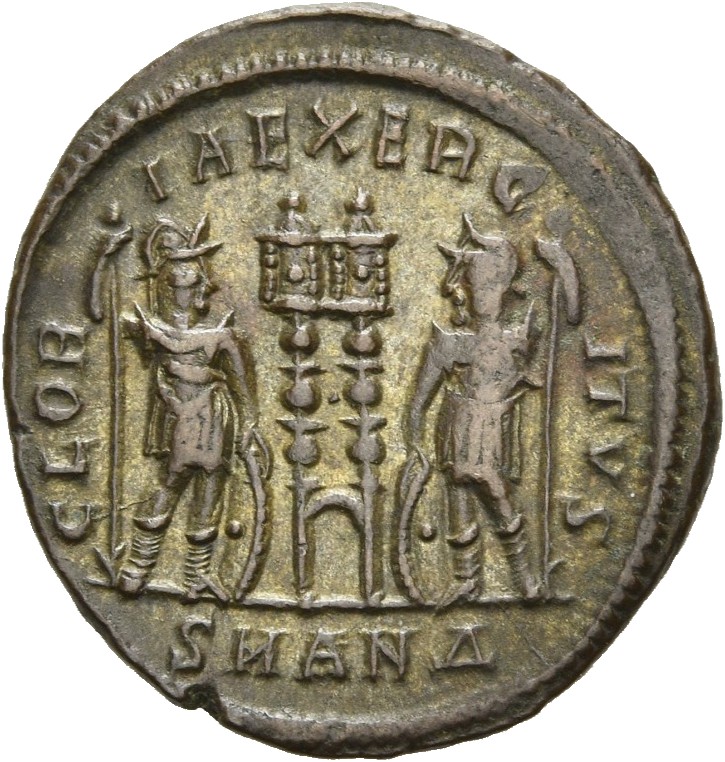 RIC VII Antioch 86 Constantine I reverse, Two soldiers, helmeted, draped, cuirassed, standing facing each other, each hold...