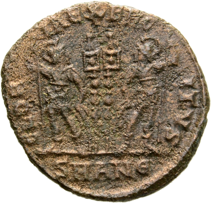RIC VII Antioch 87 Constantine I reverse, Two soldiers, helmeted, draped, cuirassed, standing facing each other, each hold...