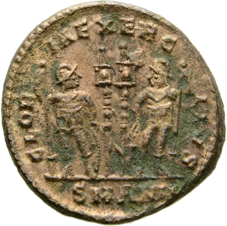 RIC VII Antioch 88 Constantine I reverse, Two soldiers, helmeted, draped, cuirassed, standing facing each other, each hold...