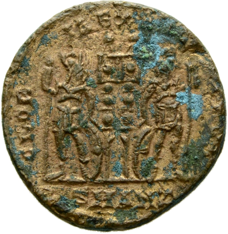 Constantine I reverse — Two soldiers, helmeted, draped, cuirassed, standing facing each other, each holding reversed spear in outer hand and resting inner hand on shield; between them, two standards
