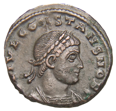 Constantine I obverse — Bust of Constans, laureate, cuirassed, right