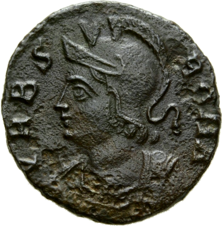 Constantine I obverse — Bust of Roma, helmeted, wearing imperial cloak, left