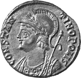 RIC VII Antioch 92 Constantine I obverse, Bust of Constantinopolis, laureate, helmeted, wearing imperial cloak, left, hold...