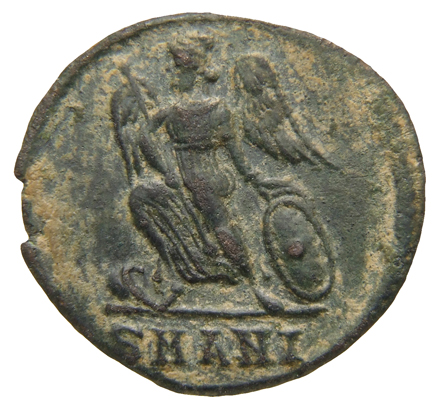 RIC VII Antioch 92 Constantine I reverse, Victory, winged, draped, standing left on prow, holding spear in right hand and ...