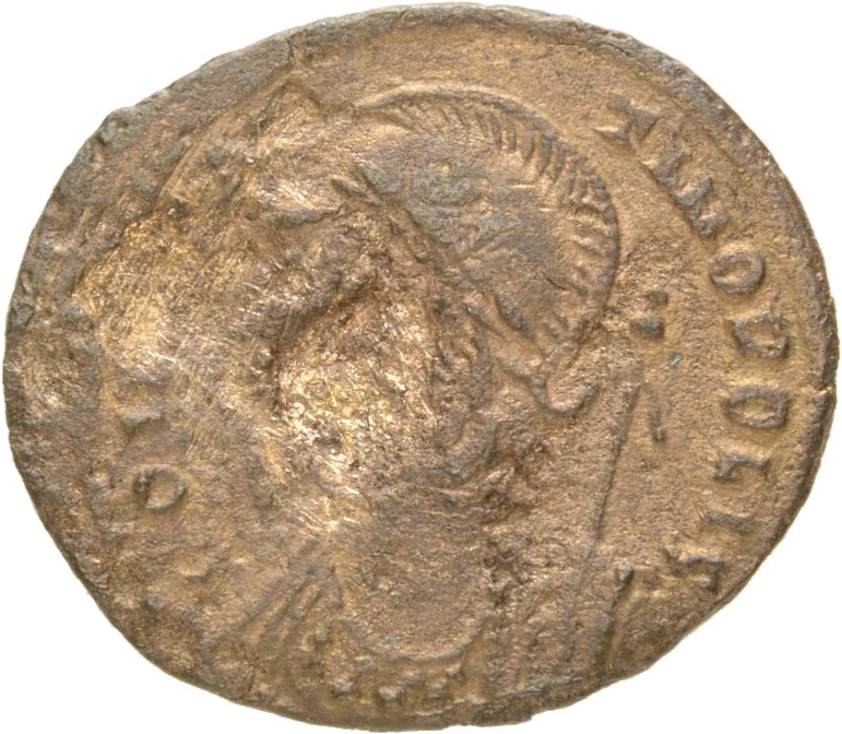Constantine I obverse — Bust of Constantinopolis, laureate, helmeted, wearing imperial cloak, left, holding reversed spear in right hand