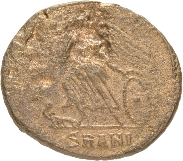 Constantine I reverse — Victory, winged, draped, standing left on prow, holding spear in right hand and shield in left hand