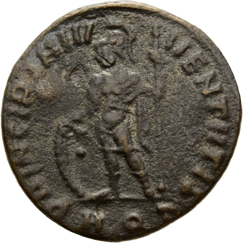 RIC VII Aquileia 10 Constantine I reverse, Crispus, helmeted, draped, cuirassed, cloak draped across left shoulder, standi...