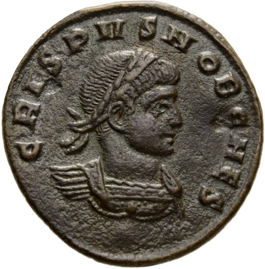 Constantine I obverse — Bust of Crispus, laureate, cuirassed, right
