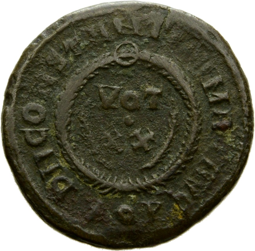RIC VII Aquileia 104 Constantine I reverse, VOT/XX within a laurel wreath