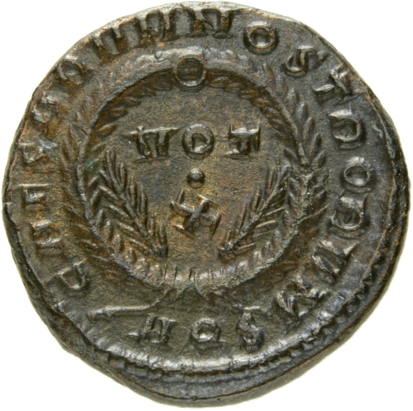 RIC VII Aquileia 108 Constantine I reverse, VOT/X within a laurel wreath