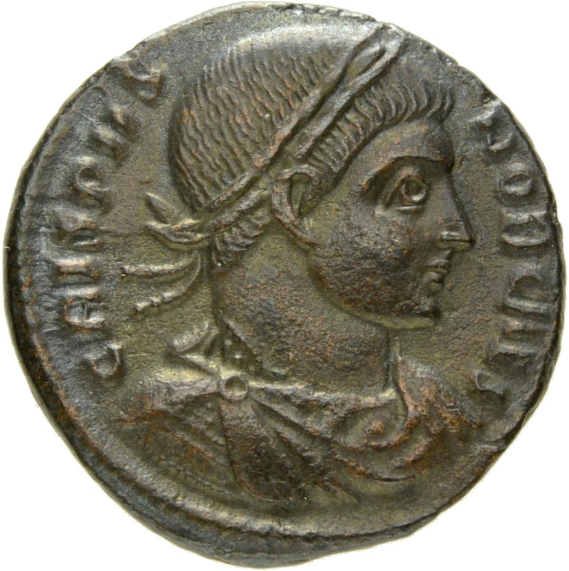Constantine I obverse — Bust of Crispus, laureate, draped, cuirassed, right