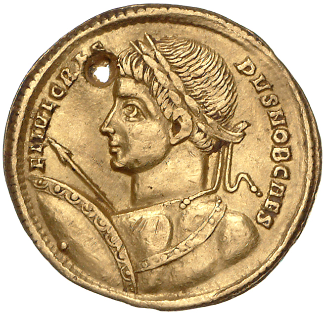 RIC VII Aquileia 116 Constantine I obverse, Bust of Crispus, laureate, nude, left, holding spear pointing forward in right...