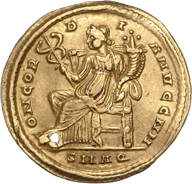 RIC VII Aquileia 116 Constantine I reverse, Concordia, draped, seated left on throne, holding caduceus in right hand and c...