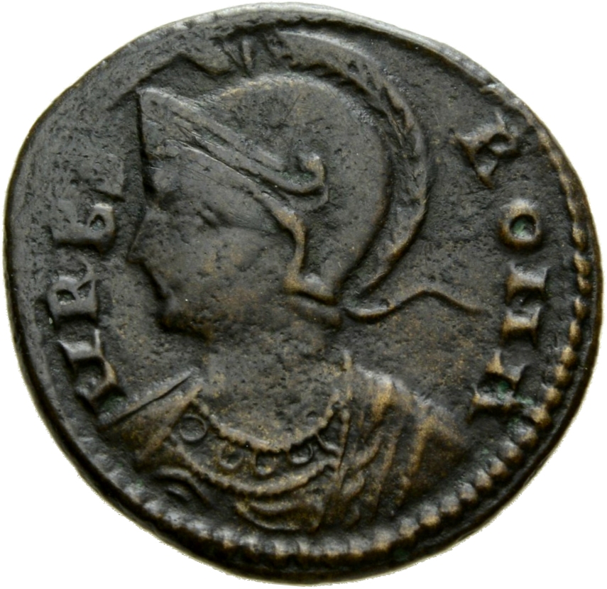 RIC VII Aquileia 122 Constantine I obverse, Bust of Roma, helmeted, wearing imperial cloak, left