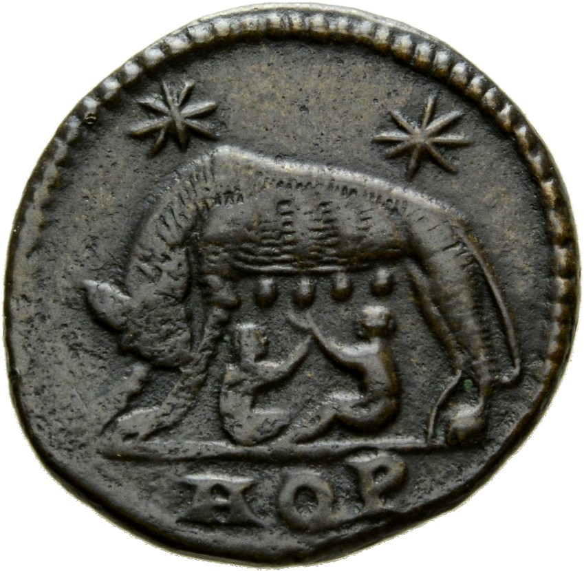 Constantine I reverse — She-wolf, standing left, suckling twins; above, two stars