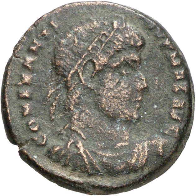 Constantine I obverse — Bust of Constantine I, rosette-diademed, draped, cuirassed, right