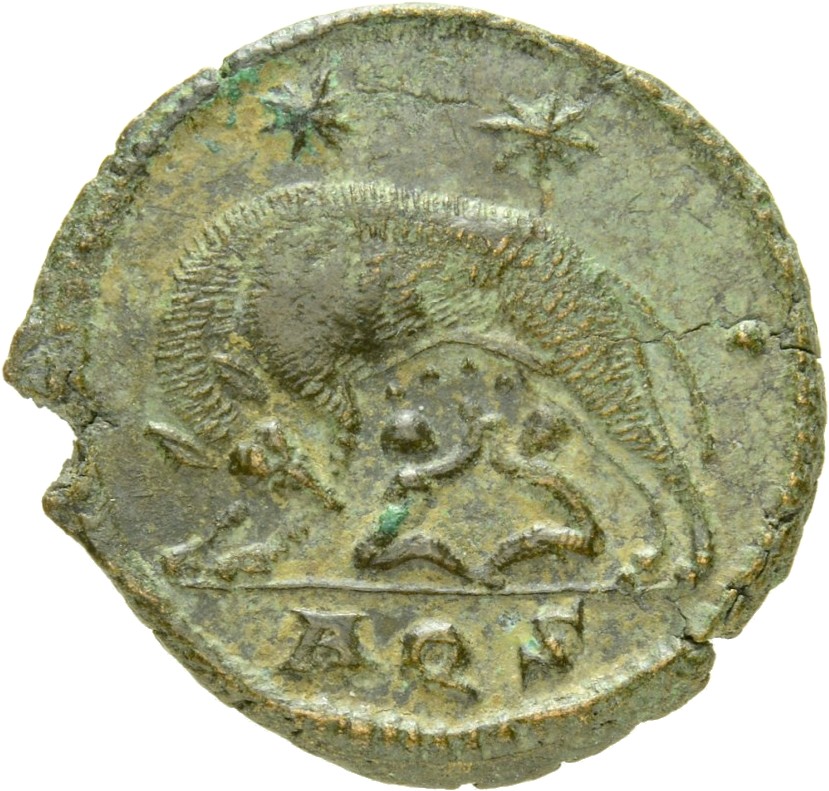 Constantine I reverse — She-wolf, standing left, suckling twins; above, two stars
