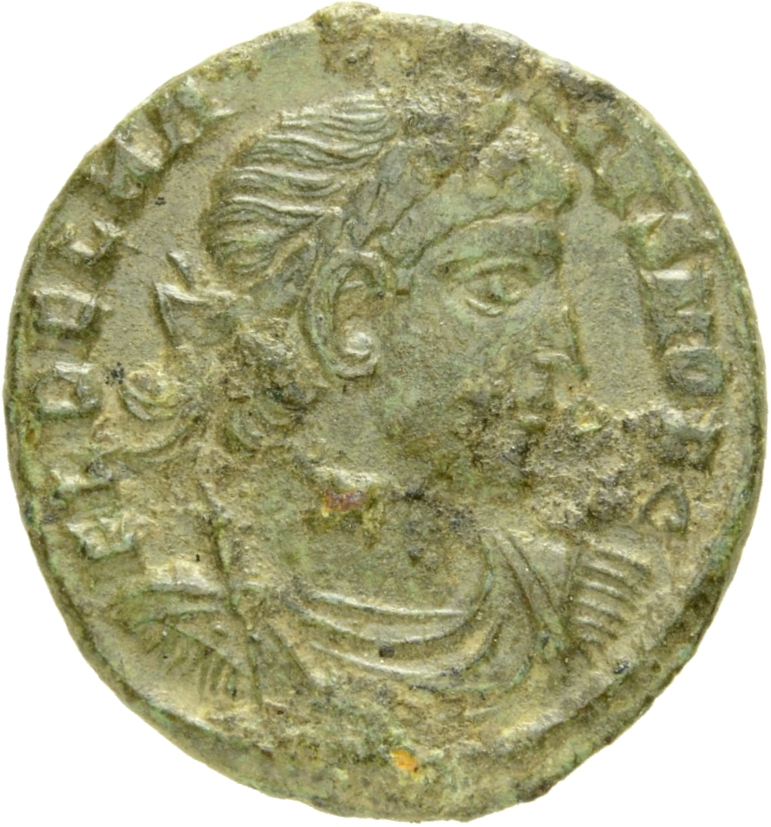 Constantine I obverse — Bust of Dalmatius, laureate, draped, cuirassed, right
