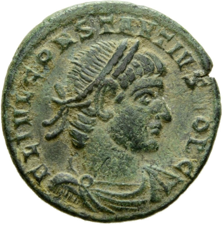 RIC VII Aquileia 145 Constantine I obverse, Bust of Constantius II, laureate, draped, cuirassed, right
