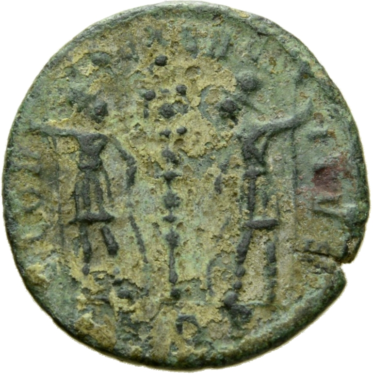 Constantine I reverse — Two soldiers, helmeted, draped, cuirassed, standing facing each other, each holding reversed spear in outer hand and resting inner hand on shield; between them, a standard
