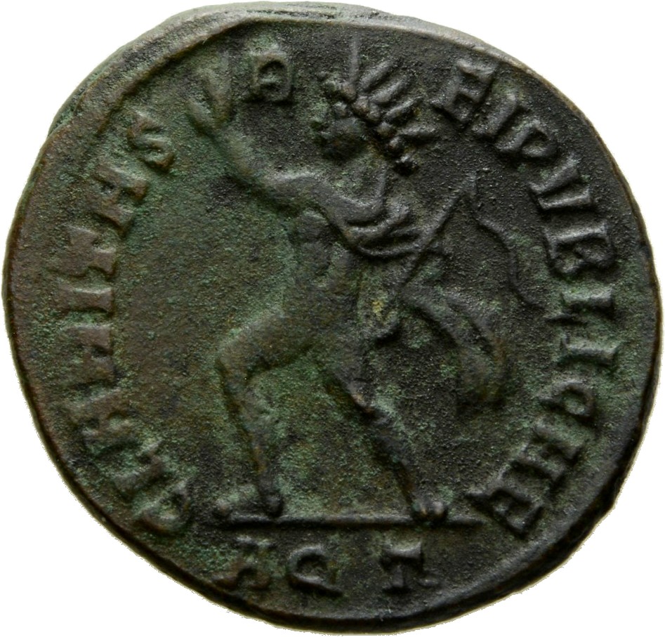 RIC VII Aquileia 17 Constantine I reverse, Sol, radiate, chlamys flying, standing right, advancing left, raising right han...