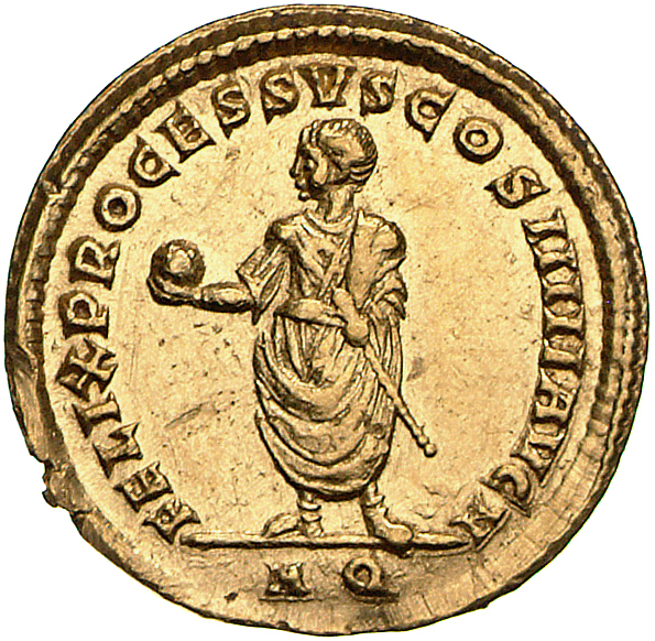 RIC VII Aquileia 28 Constantine I reverse, Constantine I, togate, standing left, holding globe in right hand and short sce...