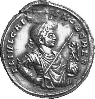 Constantine I obverse — Bust of Crispus, laureate, draped, cuirassed, right, holding spear pointing forward in right hand and Victory on globe in left hand
