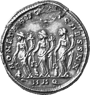 Constantine I reverse — Three Monetae, draped, standing left