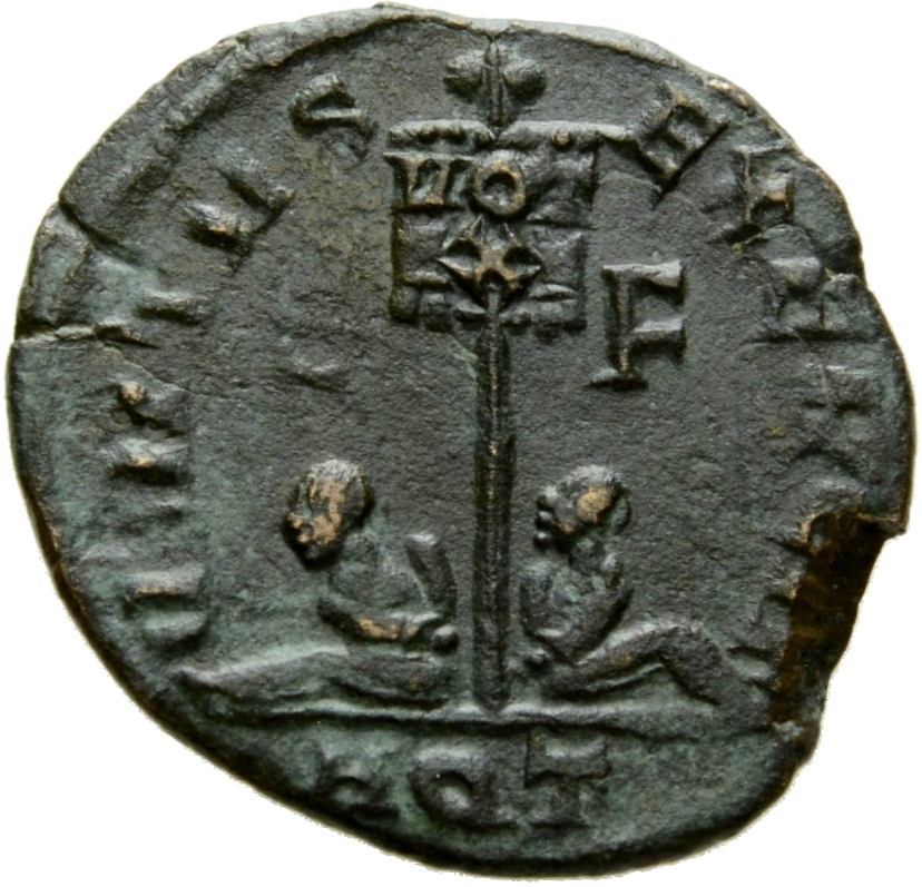 Constantine I reverse — Standard inscribed VOT/X flanked by two seated captives