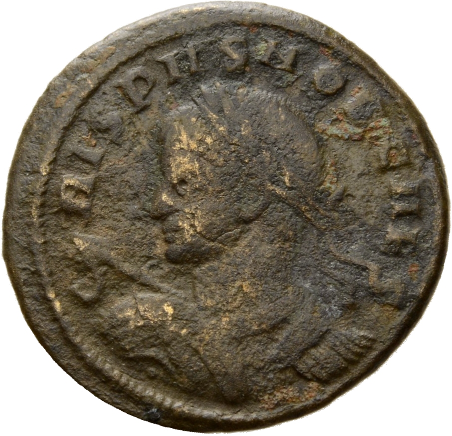 Constantine I obverse — Bust of Crispus, laureate, cuirassed, left, holding spear pointing forward in right hand and shield on left arm