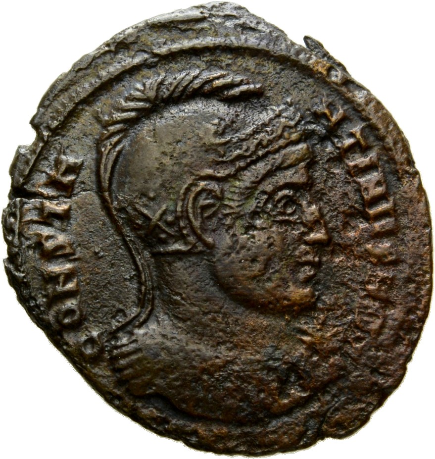 RIC VII Aquileia 48 Constantine I obverse, Bust of Constantine I, helmeted, cuirassed, right