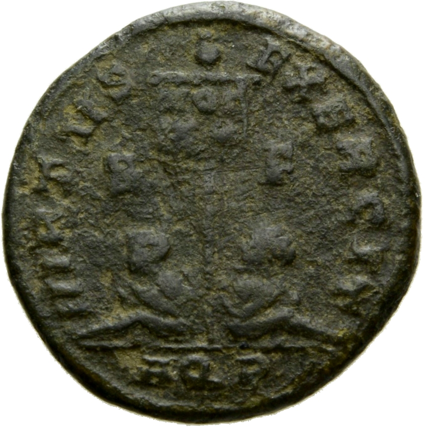 Constantine I reverse — Standard inscribed VOT/XX flanked by two seated captives