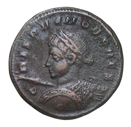 Constantine I obverse — Bust of Crispus, laureate, cuirassed, left, holding spear pointing forward in right hand and shield on left arm