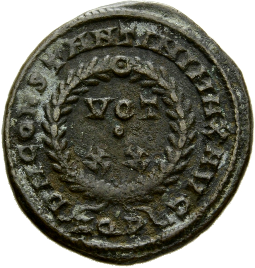 RIC VII Aquileia 65 Constantine I reverse, VOT/XX within a laurel wreath