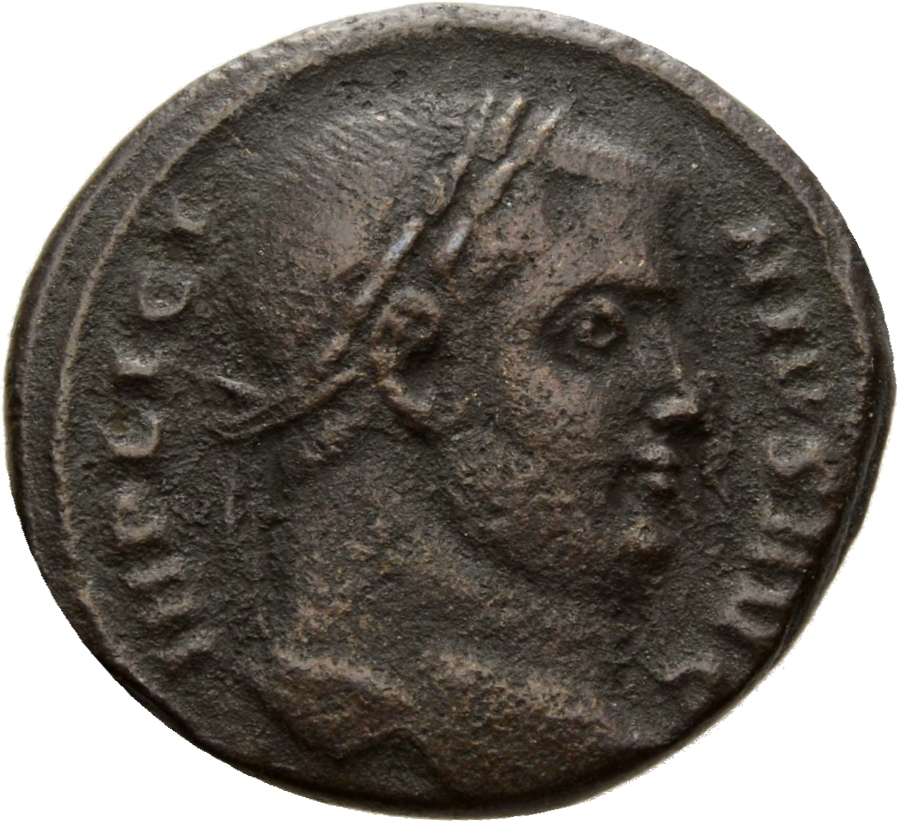 Constantine I obverse — Head of Licinius, laureate, right