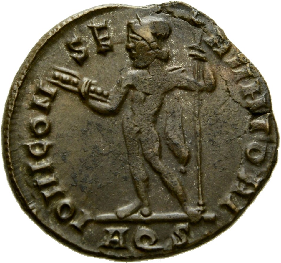 Constantine I reverse — Jupiter, nude, chlamys draped across left shoulder, standing left, holding thunderbolt in right hand and leaning on sceptre with left hand