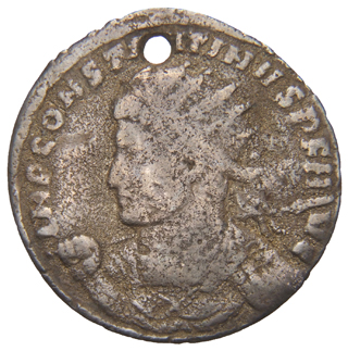 Constantine I obverse — Bust of Constantine I, laureate, cuirassed, left, spear across left shoulder, holding shield in right hand and Victory on globe in left hand