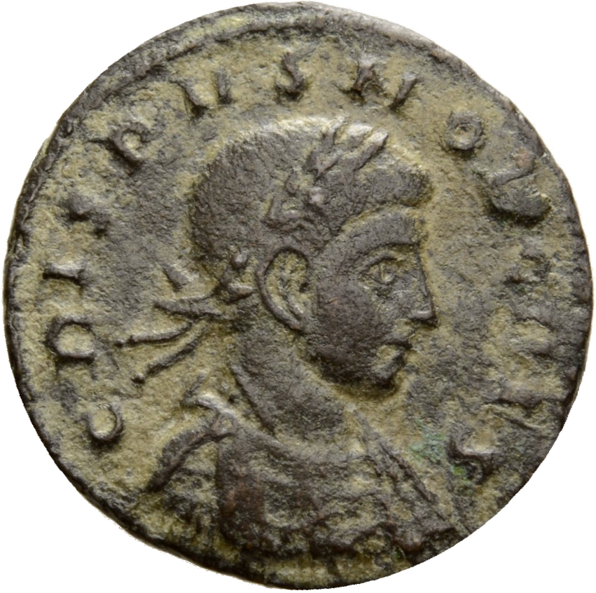 Constantine I obverse — Bust of Crispus, laureate, draped, cuirassed, right