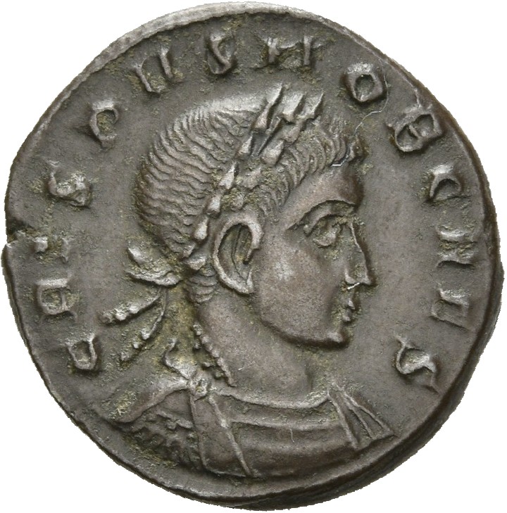RIC VII Aquileia 89 Constantine I obverse, Bust of Crispus, laureate, cuirassed, right