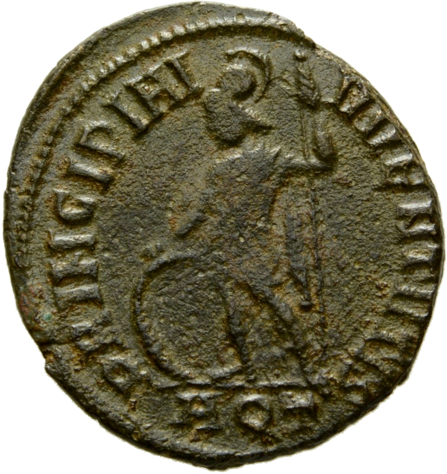 RIC VII Aquileia 9 Constantine I reverse, Crispus, helmeted, draped, cuirassed, cloak draped across left shoulder, standin...