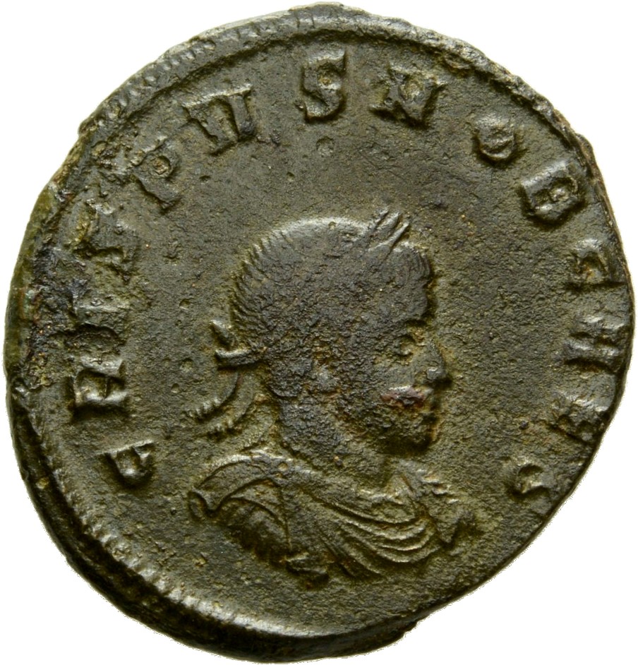 Constantine I obverse — Bust of Crispus, laureate, draped, cuirassed, right