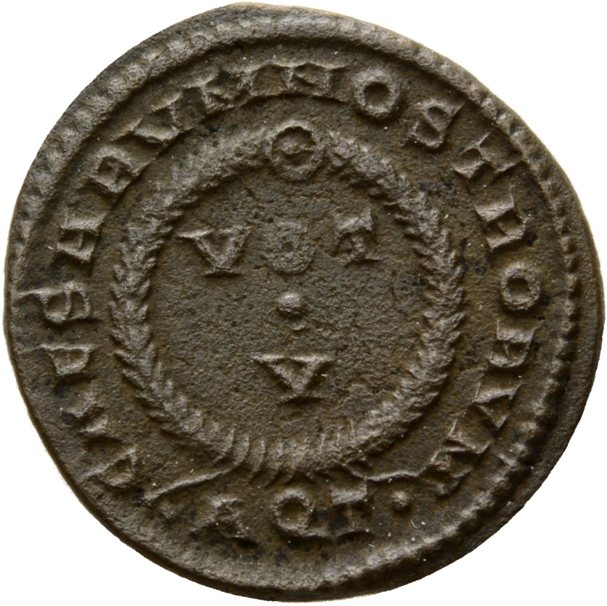 Constantine I reverse — VOT/V within a laurel wreath
