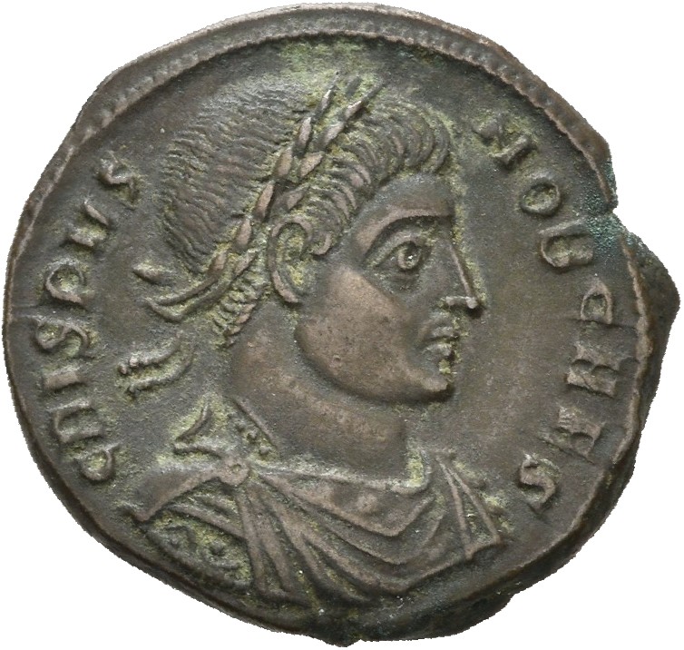 RIC VII Aquileia 99 Constantine I obverse, Bust of Crispus, laureate, draped, cuirassed, right