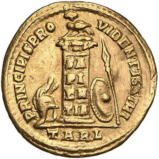 RIC VII Arelate 1 Constantine I reverse, Owl, standing on column inscribed SA/PI/EN/TIA; on ground to left, helmet; on gro...