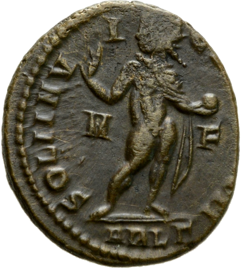RIC VII Arelate 102 Constantine I reverse, Sol, radiate, chlamys draped across left shoulder, standing right, head left, r...