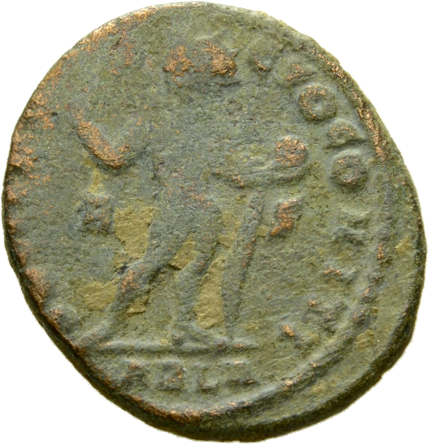 Constantine I reverse — Sol, radiate, chlamys draped across left shoulder, standing right, head left, raising right hand and holding globe in left hand