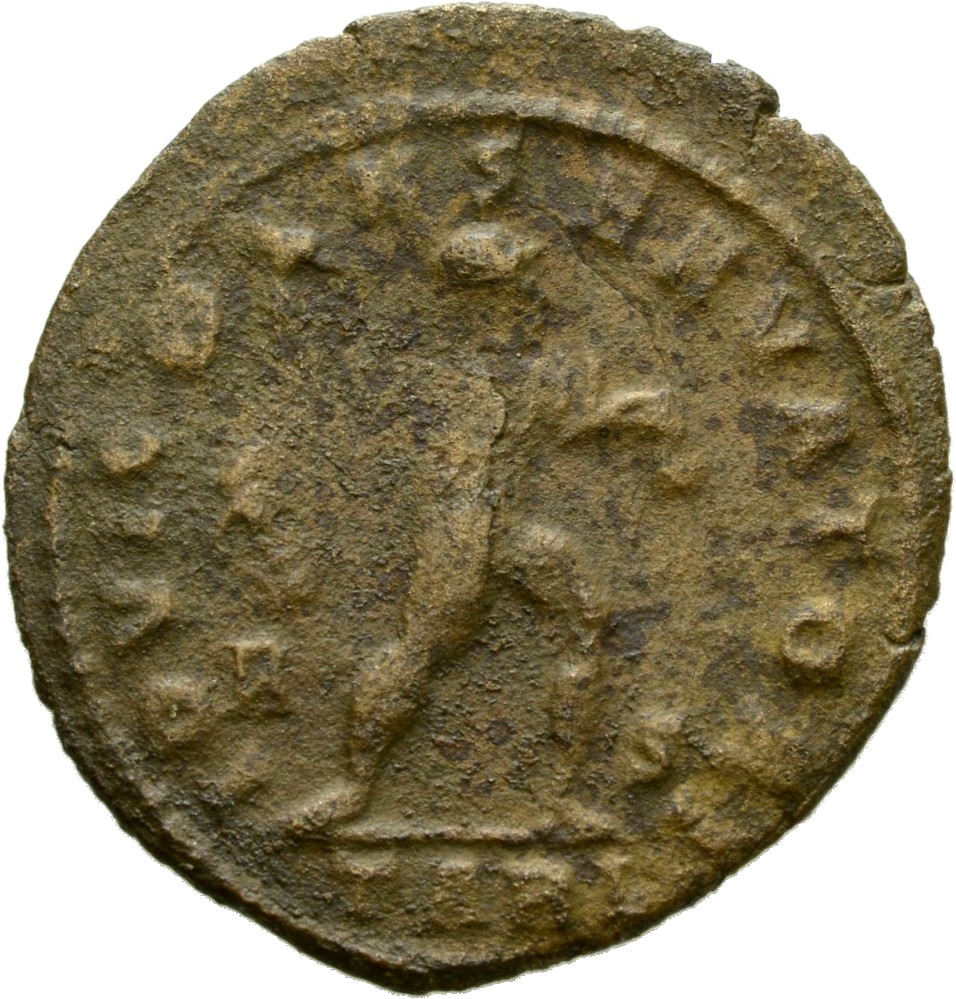 RIC VII Arelate 128 Constantine I reverse, Jupiter, nude, chlamys flying, running right, throwing thunderbolt with right hand